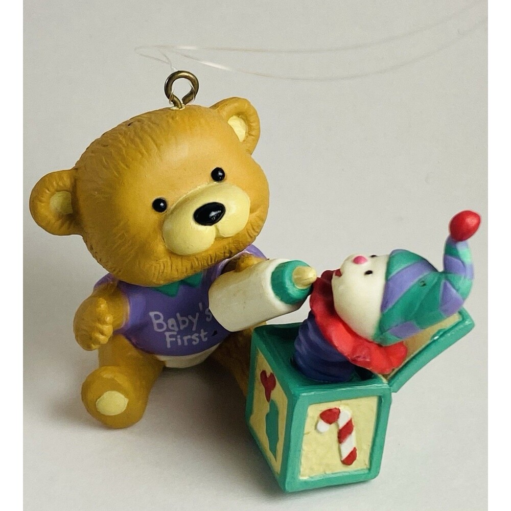 Baby’s First Christmas Ornament RARE Gibson Bear Bottle Jack‑in‑Box 1997 VTG